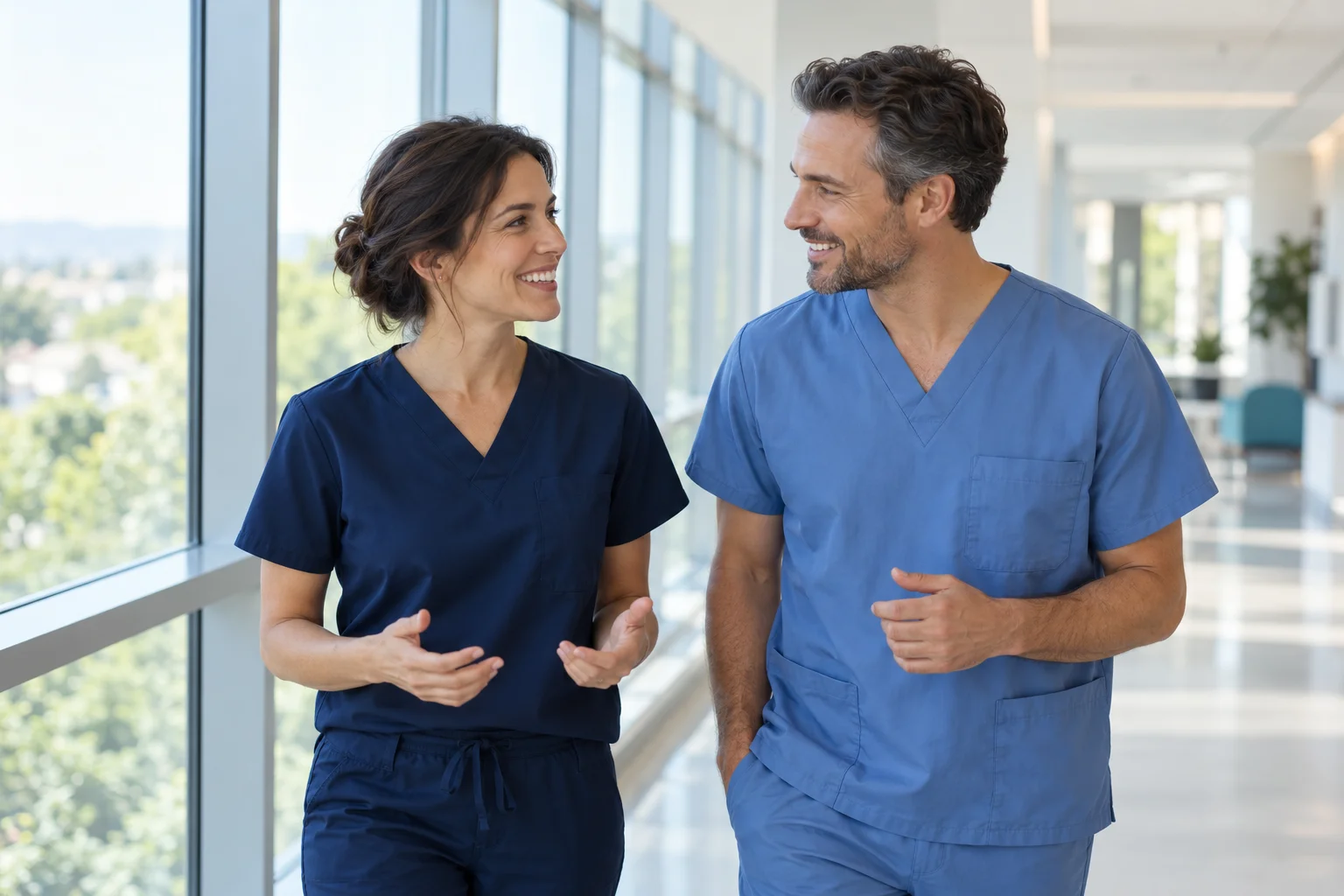 Illustrative photograph of two physicians talking in a bright hospital corridor